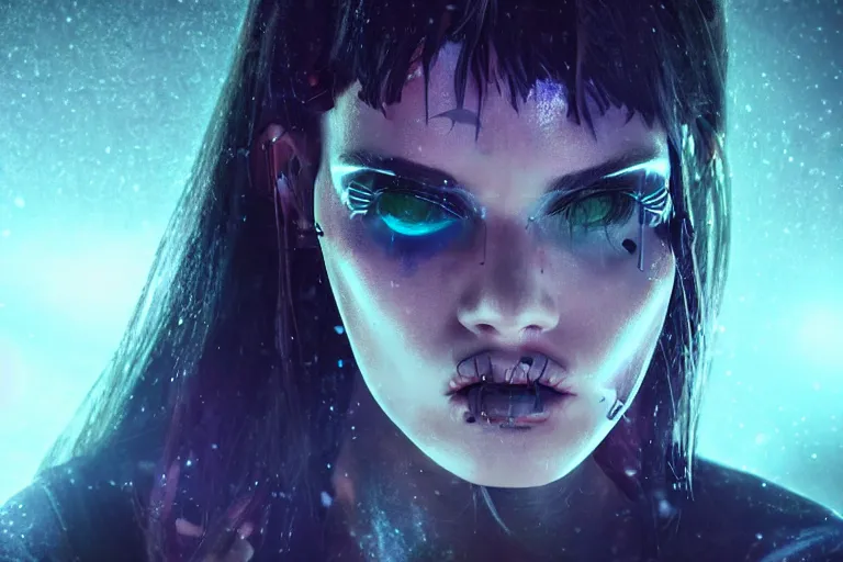 Prompt: Cyberpunk ​​girl transforming face, fangs, syringes, forest, fog, volumetric light, style Blade runner 2049