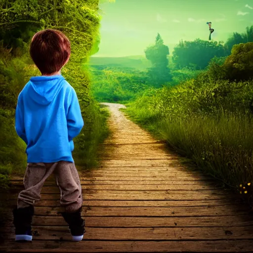 Prompt: the boy had journeyed a long way, and was very tired. disney and pixar mixed style, extreme details, dslr, photo, plain green background