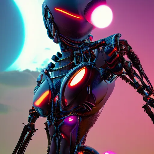 Image similar to synthwave cyborg insect aliens, detailed face, sharp focus, synthwave art, aesthetic, octane render, raw, cinematic