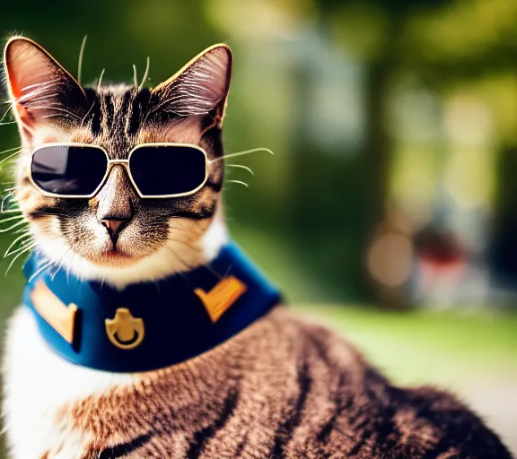 Prompt: 5 5 mm portrait photo of a cat as admiral in military outfit and sunglasses and smoking a cigar, in a park. soft light. sony a 7 r iv