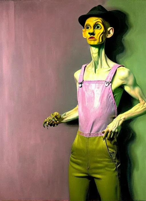 Image similar to an expressive skinny artist wearing overalls physically fighting with a ghost, inside a grand studio, depth of field, hauntingly surreal, highly detailed oil painting, by francis bacon, edward hopper, adrian ghenie, glenn brown, soft light 4 k, green and pink colour palette, cinematic composition, cinematic lighting, high quality octane render, masterpiece