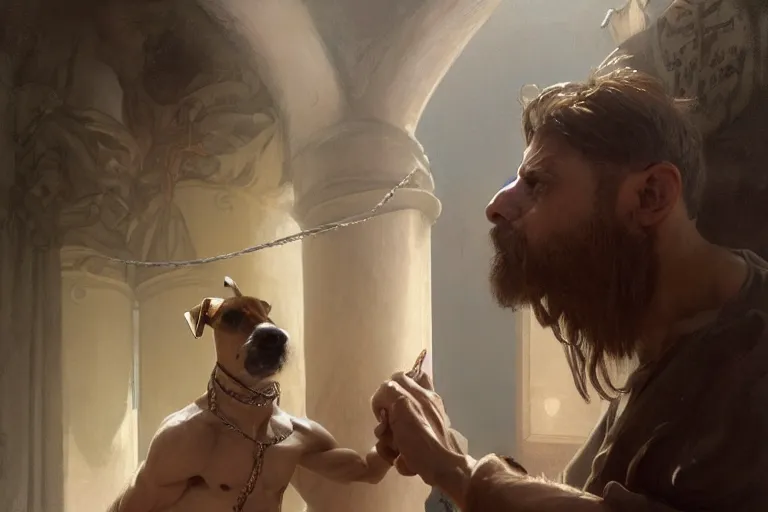 Image similar to a man tied to a pillar and jack russel terrier pissing on him, highly detailed, hyperrealistic digital painting, artstation, concept art, smooth, sharp focus, illustration, cinematic lighting, art by artgerm and greg rutkowski and alphonse mucha