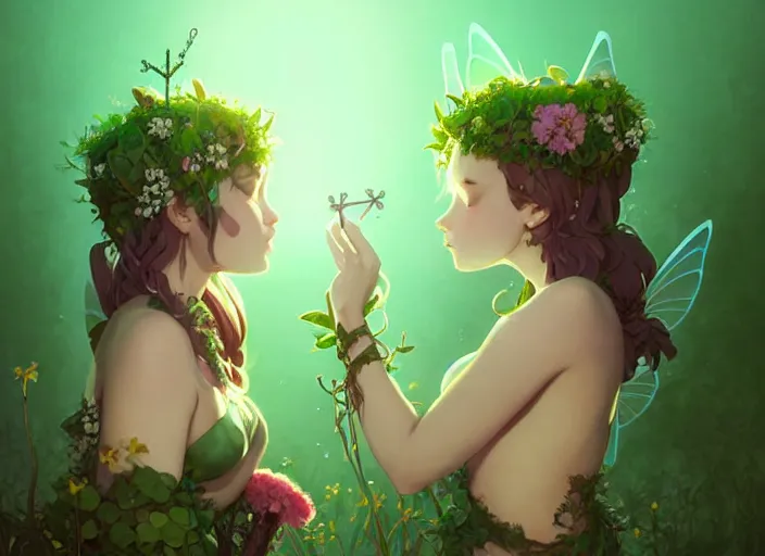 Image similar to two cute fairy girls with crown of flowers in plants bikini covered with celtic rune tattoos kissing, fantasy, by atey ghailan, by greg rutkowski, by greg tocchini, by james gilleard, by joe gb fenton, by in kaethe butcher, dynamic lighting, gradient light green, brown, blonde cream and white color in scheme, grunge aesthetic