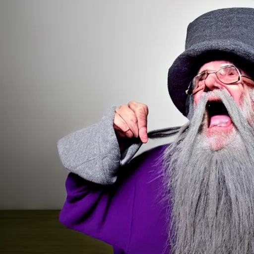 Image similar to an old bald mad wizard with bushy grey eyebrows, long grey hair and wearing a grey wizard hat, disheveled, wise old man, wearing a purple detailed coat, a bushy grey beard, sorcerer, he is yelling and laughing