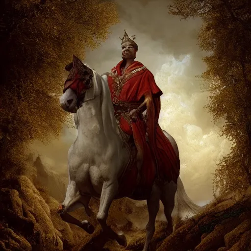 Prompt: a masterpiece matte painting of a man riding on a white horse with eyes like flames!, many crowns!! upon his head, a robe dipped in blood!, by gustav dore and paul barson, 8 k, uhd, cgsociety, trending on artstation, coruscation!!, crepuscular!!