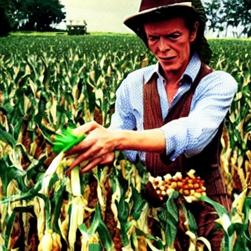 Image similar to david bowie harvesting corn from his garden