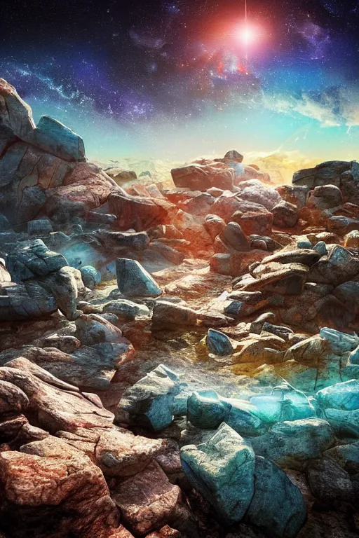 Prompt: futuristic sci - fi rocky terrain landscape cosmic sky