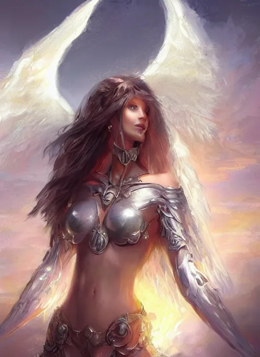 Image similar to concept art, angel knight girl. by artstation trending, by joseph mallord william turner, luis royo, konstantin razumov, cinematic lighting, fractal flame, highly detailed