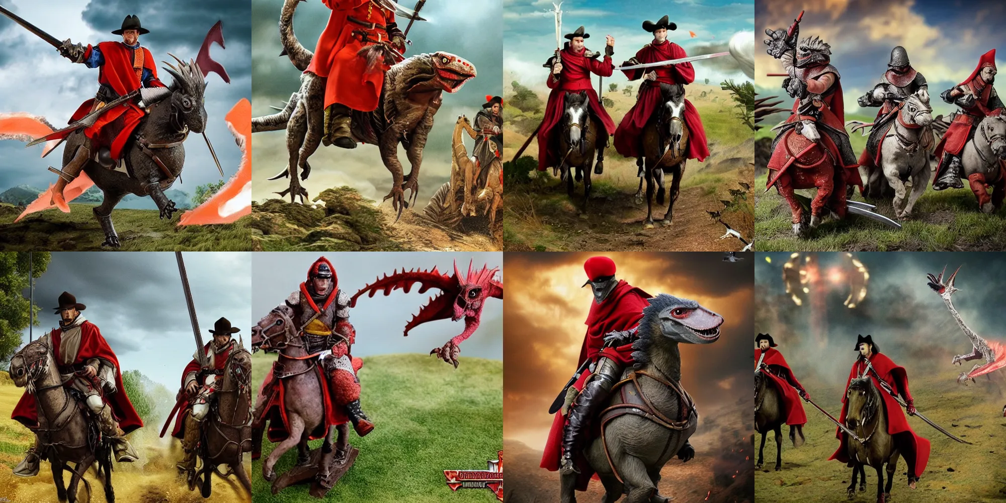 Prompt: The Spanish Inquisition riding into battle on velociraptors, highly detailed, photorealistic, award winning, cinematic
