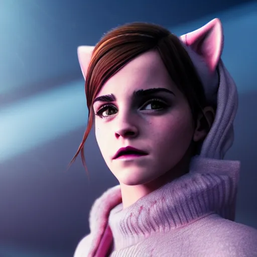 Image similar to dressed emma watson as a catgirl, cinematic, insanely detail, artstation, 8 k, futuristic, phantasy, genshin impact screenshot