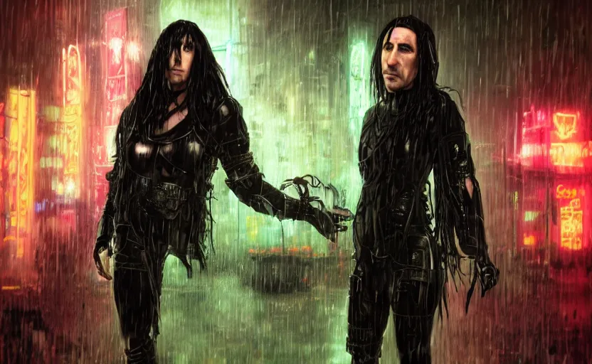 Image similar to an epic fantasy comic book style portrait painting of a very imposing cybergoth trent reznor in the rain, wet hair, neon reflections, character design by mark ryden and pixar and hayao miyazaki, unreal 5, daz, hyperrealistic, octane render, cosplay, rpg portrait, dynamic lighting, intricate detail, cinematic