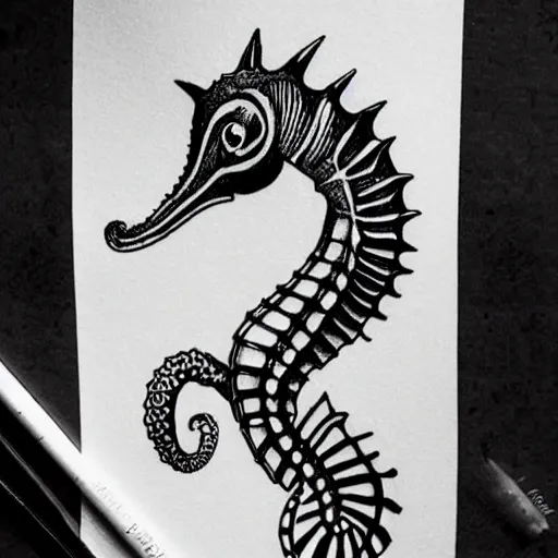 Prompt: a seahorse and a squid. black ink on paper tattoo design