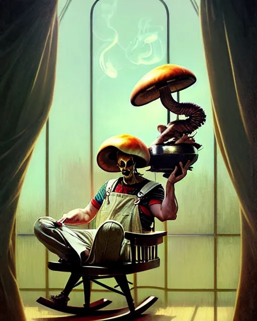 Image similar to male mushroom alien sitting in a rocking chair, wearing overalls, smoking a pipe, full body, art by artgerm and greg rutkowski and alphonse mucha