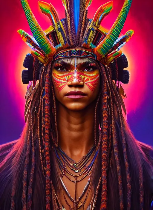 Image similar to portrait of zendaya, hyper detailed ultra sharp aztec shaman warrior. trending on artstation, warpaint aesthetic, bloodwave, colorful, psychedelic, ornate, intricate, digital painting, concept art, smooth, sharp focus, illustration, art by artgerm and greg rutkowski and h. r. giger, 8 k