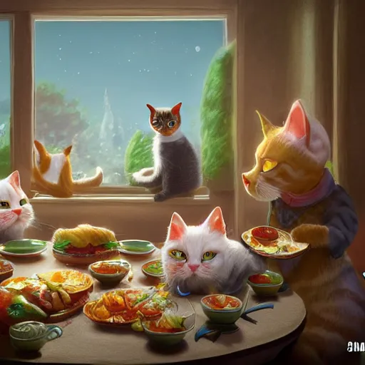 Image similar to family of cats enjoying family dinner, highly detailed, warm colors, friendly, cartoon, hand painted, artstation, concept art, sharp focus, illustration, octane render, award winning, masterpiece, art by studio 4