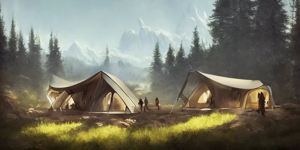 Image similar to cabela's tent futuristic pop up family pod, cabin, modular, person in foreground, mountainous forested wilderness open fields, beautiful views, painterly concept art, joanna gaines, environmental concept art, farmhouse, magnolia, concept art illustration by ross tran, by james gurney, by craig mullins, by greg rutkowski trending on artstation