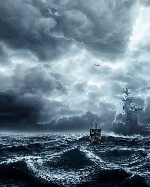 Prompt: establishing shot of a fishing boat on stormy seas, a gigantic star destroyer spaceship in the storm clouds flying overhead, stormy weather, dramatic lighting, unreal engine, hyper realism, realistic shading, cinematic composition, realistic render, octane render, detailed textures, photorealistic, ultrawide shot, 16mm lens