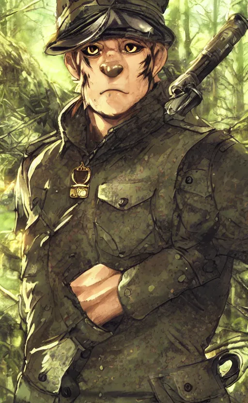 Image similar to close up character portrait icon of the german shepard beast - man military uniform head animal person wearing clothes standing in the bright forest, hidari, color page, tankoban, 4 k, tone mapping, akihiko yoshida