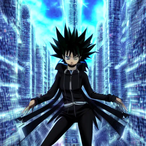 Prompt: 1 7 - year - old black haired anime goth girl wearing gothic jacket, spiky hair, super saiyan aura, psychic powers, floating above roof, futuristic city in background, 2 0 0 1 anime, subsurface scattering, intricate details, art by toei, art by studio gainax, studio trigger art, anime screenshot