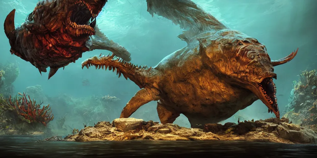 Image similar to underwater enviroment with a Melanocetus johnsonii boss creature , unreal 5, hyperrealistic, realistic, photorealistic, dynamic lighting, highly detailed, cinematic landscape, studio landscape, studio lighting