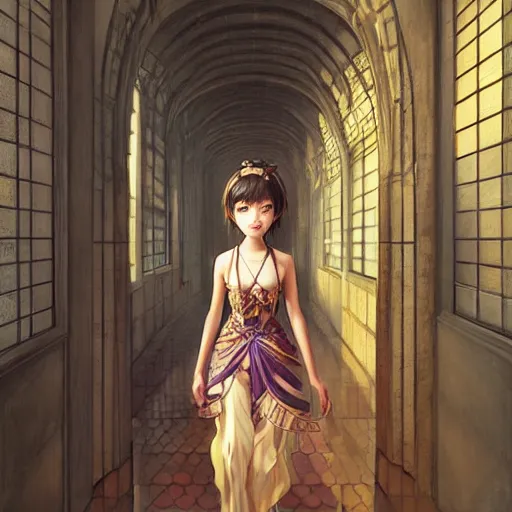 Prompt: beautiful young girl in intricate clothing by artgerm, walking through a hallway by wlop, reflections, very high intricate details, painting, digital anime art, medium shot, mid - shot, wlop, ilya kuvshinov, artgerm, krenz cushart, greg rutkowski, sana takeda