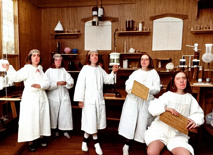 Image similar to realistic photo of a group of medieval female scientists wearing white shorts, beautiful faces covered with white plates, watching at a levitating fluffy furry cloud, in a living room laboratory with many wooden gadgets made of wood interior is made of wood 1 9 9 0, life magazine reportage photo, natural colors