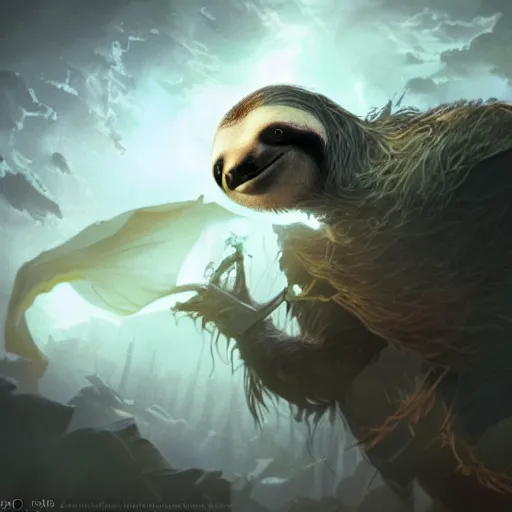 Prompt: Sloth, Anthropomorphized, casting epic spell, magic the gathering artwork, D&D, fantasy, cinematic lighting, centered, symmetrical, highly detailed, digital painting, artstation, concept art, smooth, sharp focus, illustration, volumetric lighting, epic Composition, 8k, art by Akihiko Yoshida and Greg Rutkowski and Craig Mullins, heroic pose, oil painting, cgsociety, magic lab background