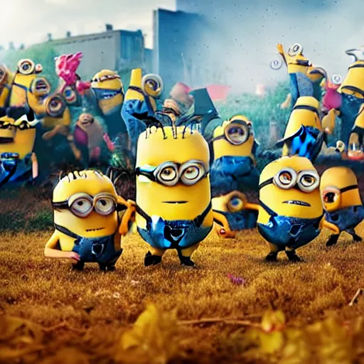 Prompt: minions enter a match of fall guys, carnage ensues, dramatic photography, vibrant, chaotic, award winning