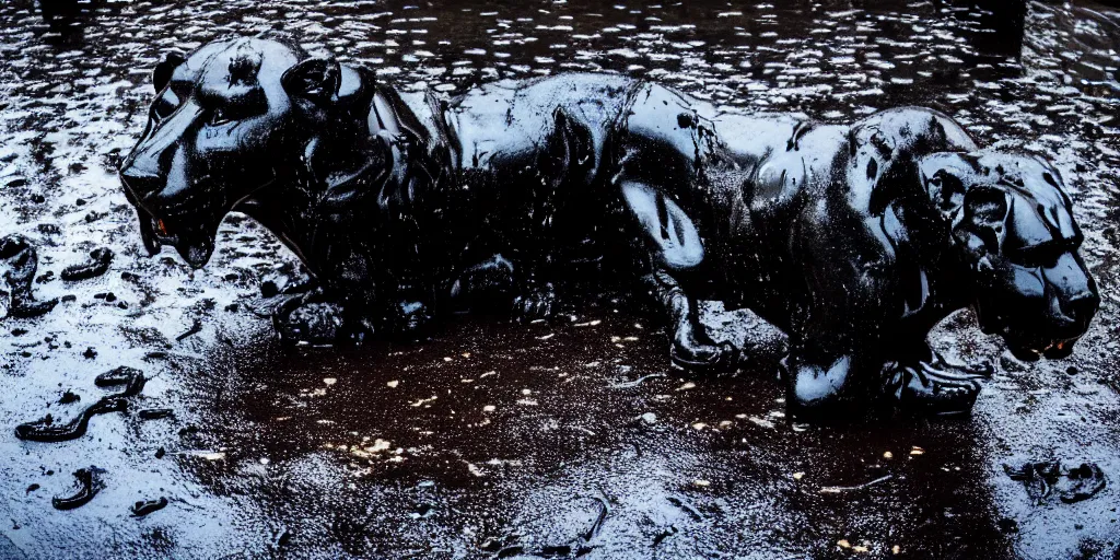 Image similar to the black lioness, made of smooth black goo, bathing inside the tar pit in the zoo exhibit, viscous, sticky, full of black goo, covered with black goo, splattered black goo, dripping black goo, dripping goo, splattered goo, sticky black goo. photography, dslr, reflections, black goo, zoo, exhibit