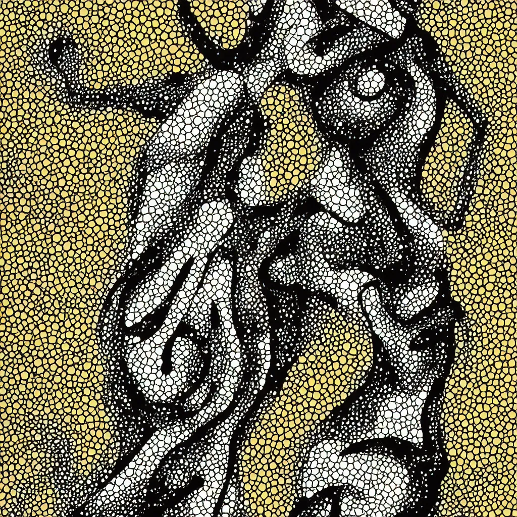 Image similar to woman, abstract, jet set radio artwork, ryuta ueda artwork, hylics artwork, ink, spots, asymmetry, stipple, lines, pointillism, crosshatching, linework, pitch bending, dark, ominous, eerie, hearts, minimal, points, technical, natsumi mukai artwrok, tight