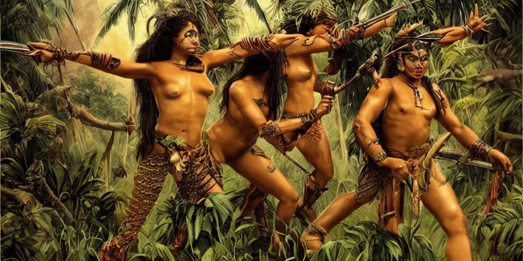 Image similar to movie, ancient battle in jungle, beautiful brutal aztec and Amazonian females fight, epic, vintage, blood, slight inspiration of Boris vallejo and apocalypto