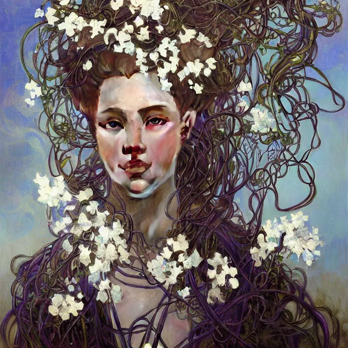 Image similar to hyperrealist portrait of a 2 0 4 4 space sport engineer, it is decorated with long white wires and white flowers that fall like vines and wears a huge computer crown. by jeremy mann and alphonse mucha, fantasy art, photo realistic, dynamic lighting, artstation, poster, volumetric lighting, dramatic light, very detailed faces, 8 k, award winning