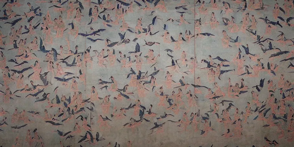 Prompt: gorgeous dunhuang frescoes, flying birds, little girls in white, neatly arranged, gorgeous floral patterns