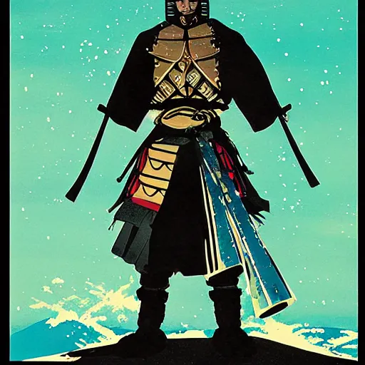 Image similar to a painting of a samurai silhouette in the snow, poster art by otomo katsuhiro, cgsociety, nuclear art, reimagined by industrial light and magic, official art, poster art