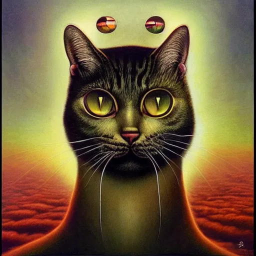 Image similar to a cat having an ego trip, by alex grey, by Esao Andrews and Karol Bak and Zdzislaw Beksinski and Zdzisław Beksiński, trending on ArtStation