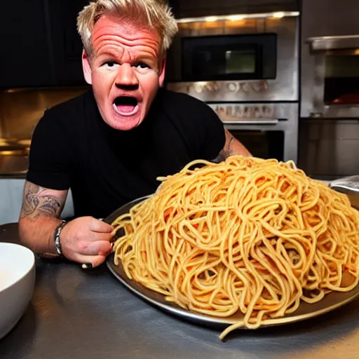 Image similar to <photo hd reaction='mouth wide open yelling'>Gordon Ramsey in furious rage about the amount of spaghetti on his oversized plate</photo>