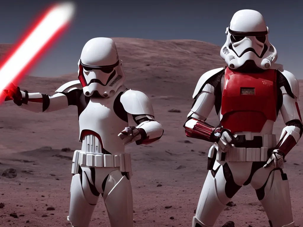 Prompt: gigachad space trooper in glossy sleek white armor with small red details, no helmet, red cape, heroic posture, firing laser rifle, muscular, athletic, on the surface of mars, explosions in the background, nighttime, dramatic lighting, cinematic, movie still from star wars