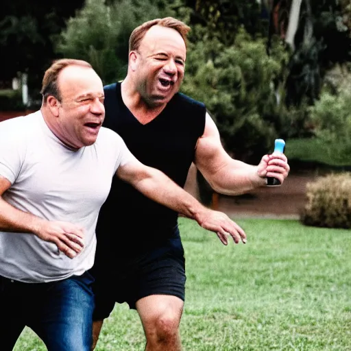 Prompt: realistic action photo of an Angry Alex Jones, running after small giggling Danny DeVito carrying an ice cream