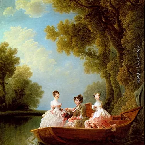 Prompt: dreadful by jean - honore fragonard pride prejudice. the conceptual art of a group of well - dressed women & children enjoying a leisurely boat ride on a calm day. the women are chatting & laughing while the children play with a toy boat in the foreground.