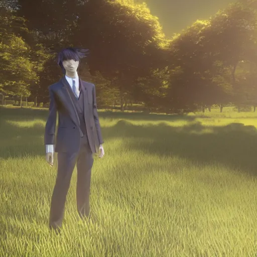 Prompt: a handsome young man in a in a magical field, detailed face, wearing a black suit, piercing gaze, final fantasy cutscene, in the style of Yoshitaka Amano, moonray render, ray tracing —H 640