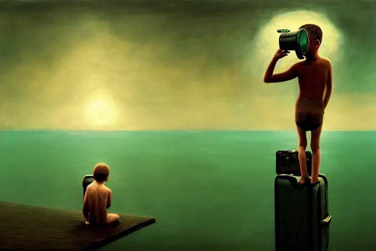 Prompt: hyperrealistica boy with binoculars sits on a suitcase floating on the sea, in the style of beksinski, solarpunk, atmospheric, clean, intricate and epic composition, green by caravaggio, insanely quality, highly detailed, masterpiece, blue light, artstation, 4 k