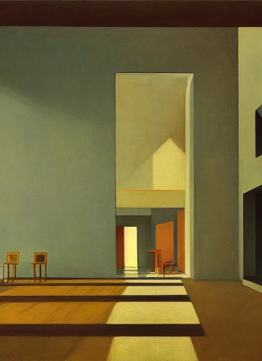 Image similar to a painting of the interior of teshima art museum by edward hopper dramatic light