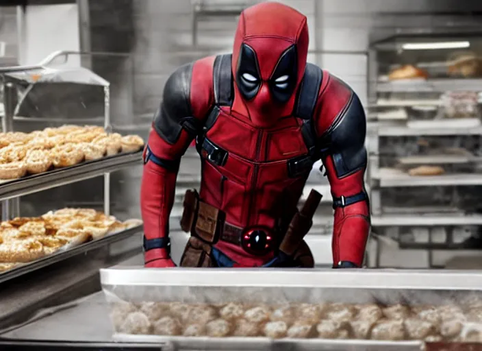 Prompt: film still of Deadpool working in a bakery in the new Deadpool movie, 4k