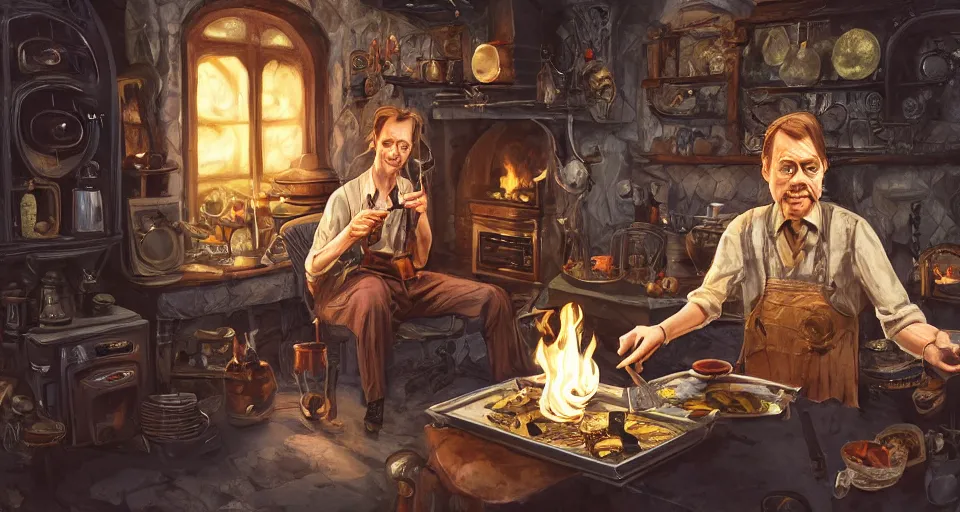 Prompt: a close - up of steve buscemiin a vintage magical kitchen, with a fireplace in the background d & d, fantasy, intricate, elegant, digital painting, artstation, concept art, smooth, sharp focus, sticker illustration