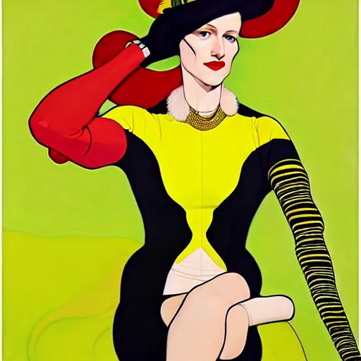 Image similar to art by joshua middleton, a medium shot portrait of the golden creeper, a tall manically smiling yellow - skinned woman with green and black striped cycling shorts and wearing a long red and black striped ostrich feather boa, yellow makeup, mucha, kandinsky, poster, art deco motifs, comic art, stylised design, scarlet feather boa