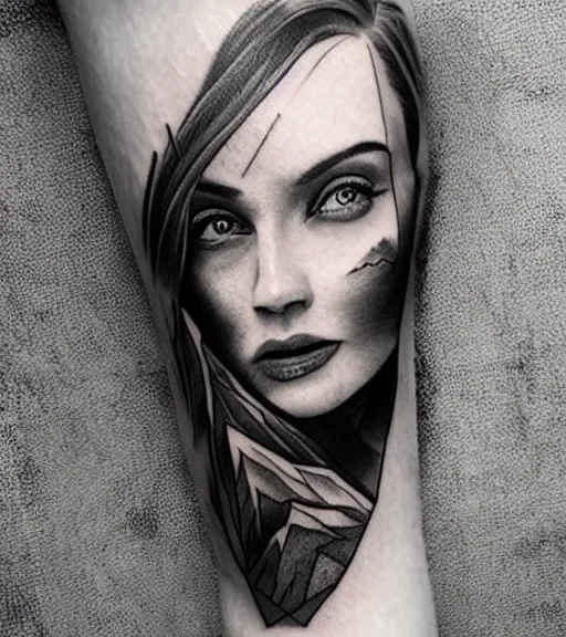 Image similar to amazing fade effect of beautiful mountain scenery with a beautiful woman face, tattoo design sketch, hyper - realistic, in the style of matteo pasqualin, amazing detail, black and white