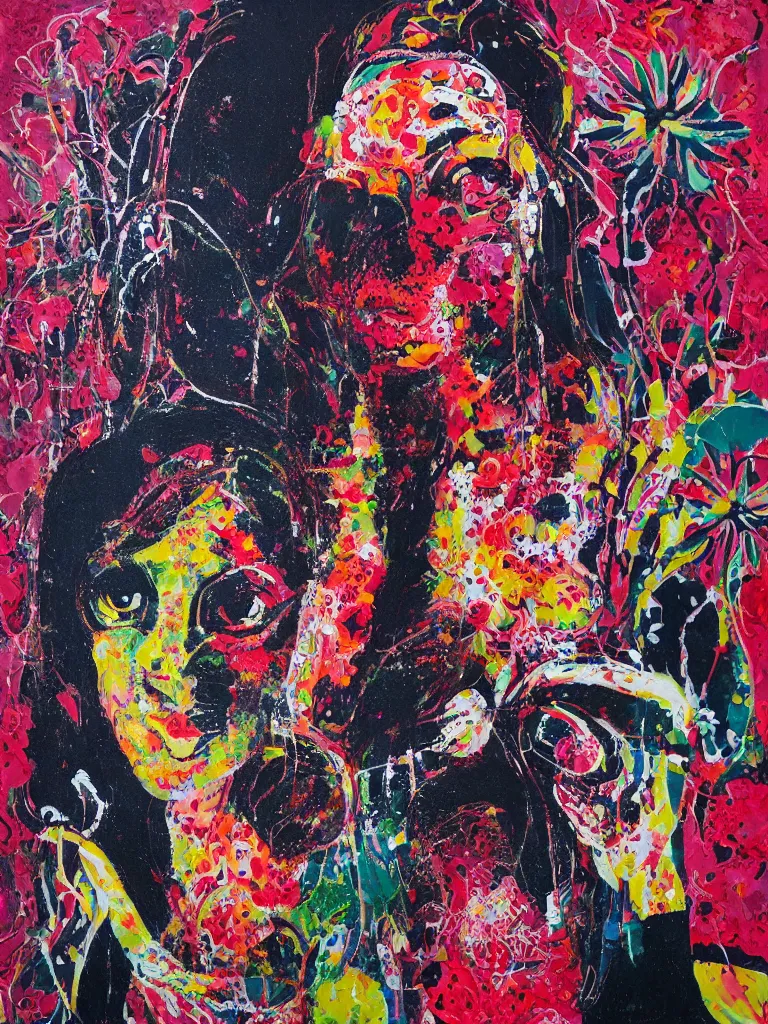 Image similar to “art in an Australian artist’s apartment, organic, portrait of a woman wearing white cotton cloth, neoexpressionist, eating luscious fresh raspberries and strawberries and blueberries, edible flowers, black background, aboriginal Dreamtime, Eora, Gadigal, intricate, bold colour, acrylic and spray paint and wax and oilstick on canvas”