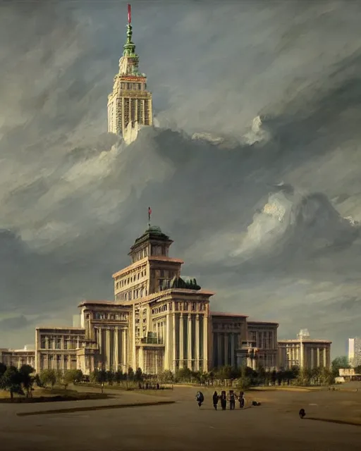 Image similar to the palace of culture and science in warsaw, poland. fantasy art by greg rutkowski, gustave courbet, rosa bonheur, edward hopper. faithfully depicted architecture, realistic, sharp focus, global illumination, radiant light, detailed and intricate environment, trending on artstation