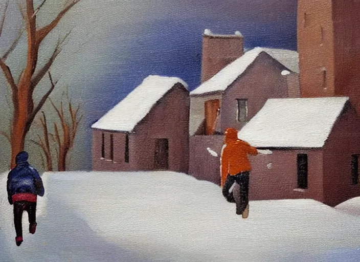 Image similar to painting depicting a man running away from a small house with one bright window. snowy. night. oil painting.
