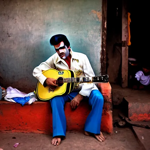 Prompt: Elvis Presley in a slum in Mumbai, XF IQ4, 150MP, 50mm, F1.4, ISO 200, 1/160s, natural light